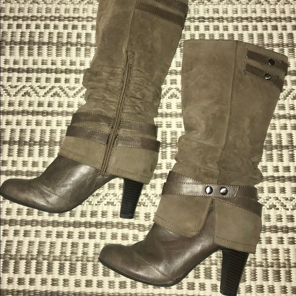 Faux suede/leather tan neutral medium high boots